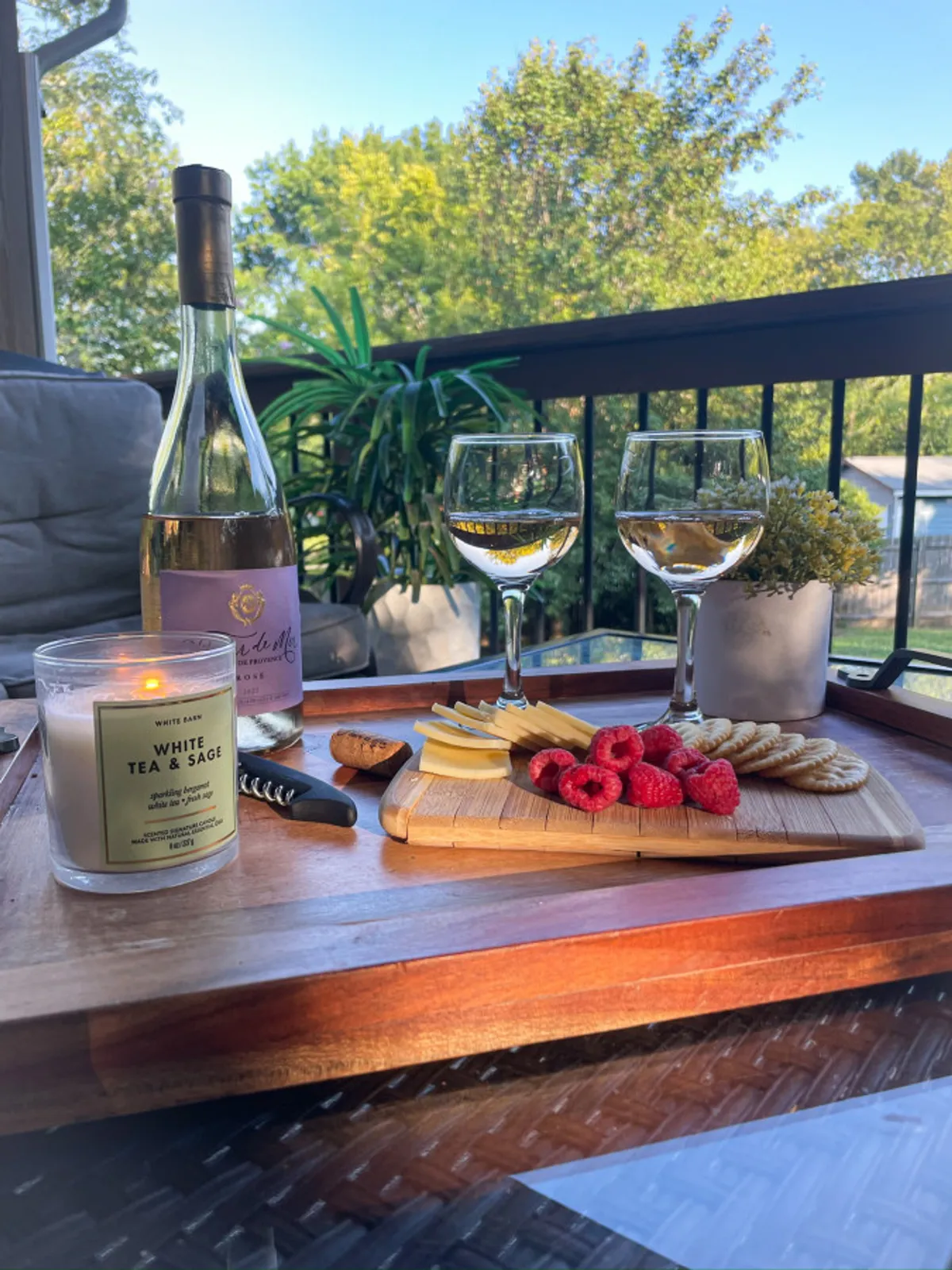 An inviting patio setup featuring a bottle of wine, two glasses, a cheese platter, candle, raspberries, and crackers set atop a table. The backdrop showcases lush greenery, suggesting a tranquil outdoor space ideal for relaxing or entertaining colleagues after a busy workday.